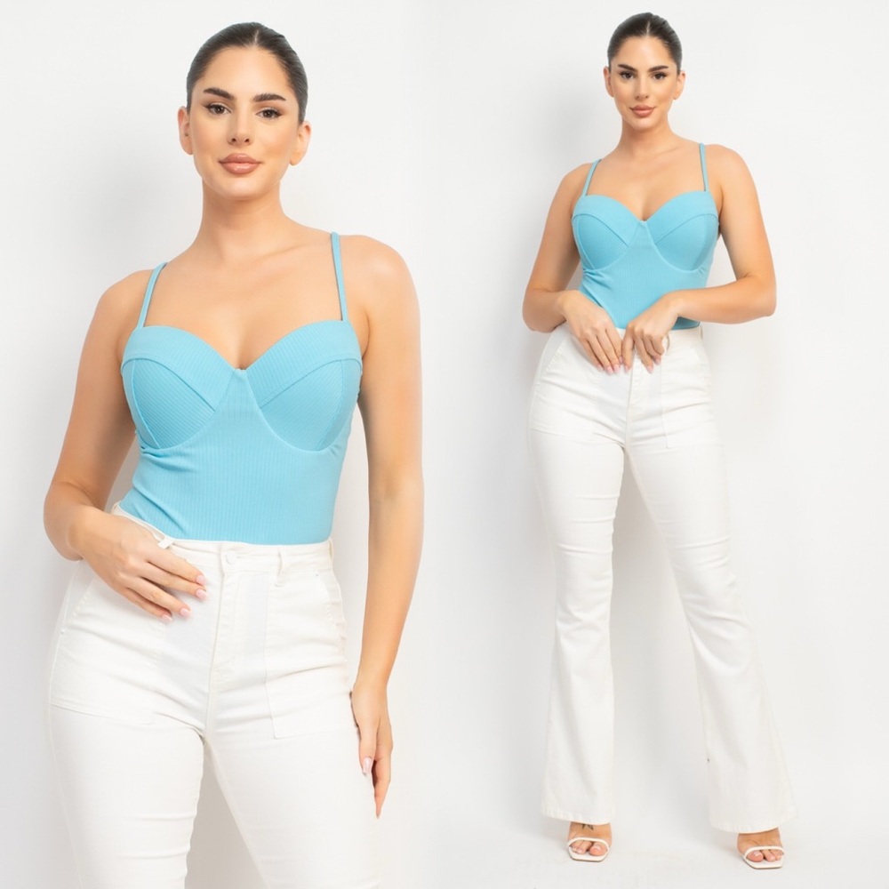 Sky blue ribbed bustier bodysuit
